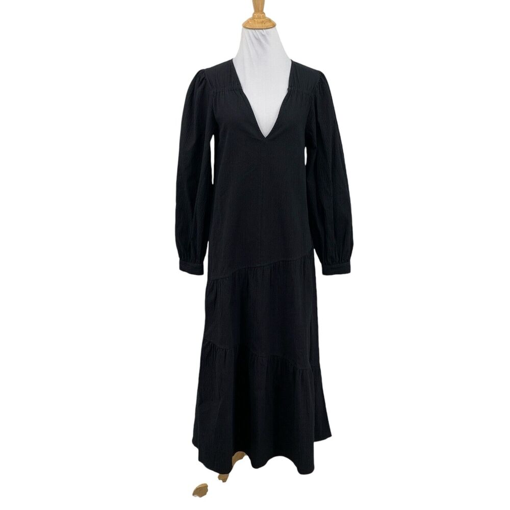 Topshop Dress Womens 2 Black Textured Poplin Chuck Cotton Blend Tiered Midi